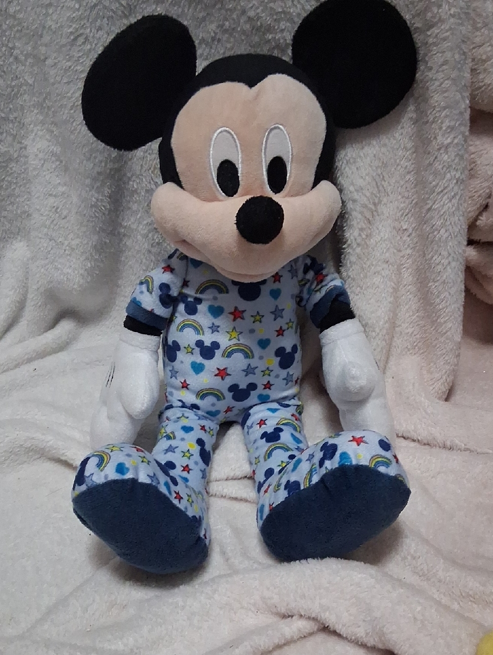 Disney Mickey Mouse Plush in Blue Pajamas with Rainbow & Star Print